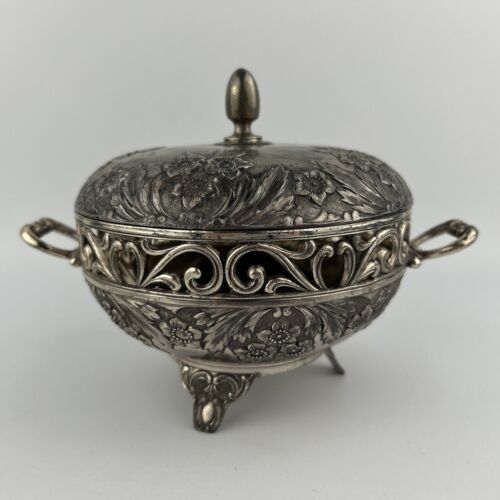 Vintage Ornate Silver Plated Small Dish Bowl Footed Handles Cover Lid - $45.82