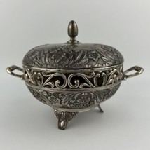 Vintage Ornate Silver Plated Small Dish Bowl Footed Handles Cover Lid - £36.85 GBP