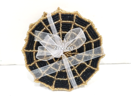 Halloween Spiderweb Black Gold Beaded Drink Coasters Home Decor Set of 4 - £16.38 GBP