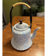VTG Enamelware Speckled Coffee/Tea Kettle With Woven Handle &amp; Wood Knob ... - $37.40