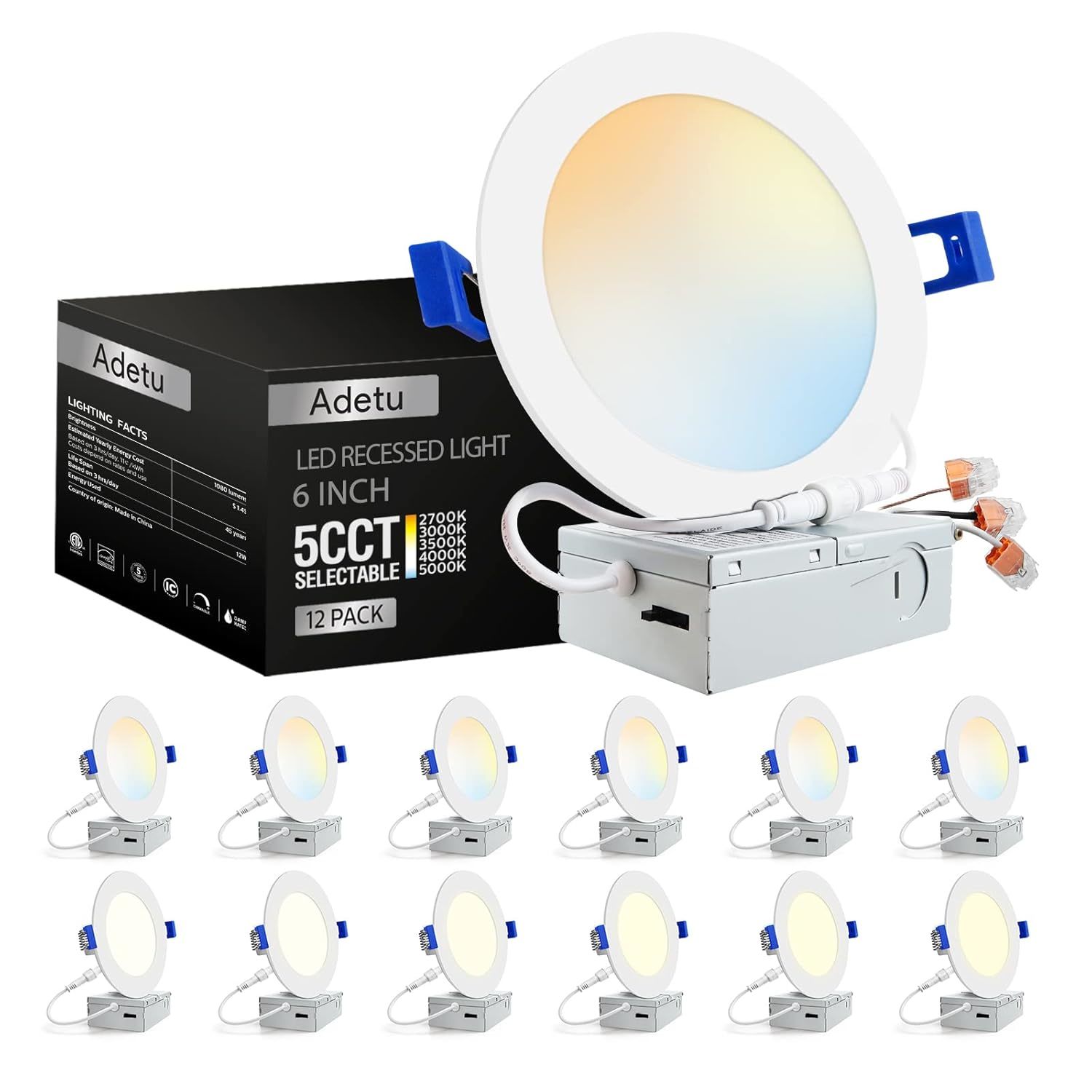 12 Pack Recessed Lighting 6 Inch, 5Cct Ultra-Thin Recessed Light Fixtures With J