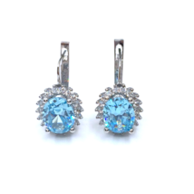 Women&#39;s Luxury Halo Earrings 14k White Gold Natural Blue Topaz Cubic Zir... - £546.75 GBP