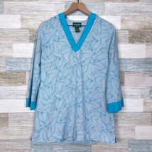 LL Bean Popover Hoodie Tunic Top Blue White Leaf Cover Up Casual Womens Medium - £27.21 GBP