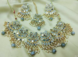 Gold Plated Indian Bollywood Style Glass Kundan Necklace Gray Bridal Jewelry Set - £22.32 GBP