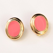 Vintage Pink Enamel and Gold Oval Clip-On Earrings, .75 in. - £11.63 GBP