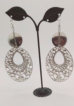 JEWELRY Vtg Silvertone Solid Circle Dangling Double Cage Swirl Pierced E... - £7.91 GBP