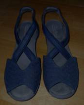 SKECHERS MEMORY FOAM LADIES BLUE STRAPPY FABRIC 2.5&quot; WEDGE SANDALS-8.5-W... - $22.00