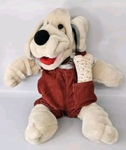 Vintage Ganz Wrinkles Plush Overalls Striped Dog Hand Puppet Boy With Bone 16” - £21.08 GBP