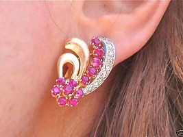 Antique Retro .66ctw Diamond Ruby Brushed Gold 18K Huggie Cocktail Earrings 1940 - £1,031.16 GBP