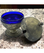 Vtg Round Brass Cobalt Blue Glass Lined Sugar Bowl With Lid on Stand No ... - £27.61 GBP