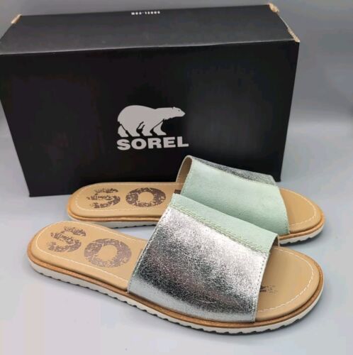 Primary image for Sorel Women's Ella Block Slide Sandals Vivid Mint Silver Size 8 With Box EUC
