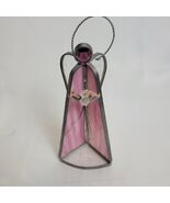 Vintage Lead Stained Glass Pink &amp; White 8.5&quot; Angel Holding Flowers Figur... - €9,62 EUR