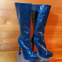 Ellie Boots Size 6 Black Glitter Knee High Heel Sparkle Platform Party Faux - $38.22
