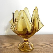 Vintage Viking Glass Amber Gold Handkerchief Swung 6 Petal Pedestal Bowl - £21.24 GBP