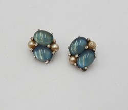 Jomaz Blue Carbochon and Faux Pearl Clip On Earrings Vintage Rhinestone Signed - £61.66 GBP