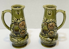 Vintage MCM Oil and Vinegar Ceramic Cruets Embossed Vegetables Green 5.25&quot; Japan - £28.27 GBP