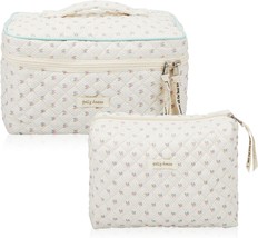 2 Pcs Cotton Quilted Makeup Bag Large Travel Coquette Cosmetic Bag Aesthetic Cut - £30.80 GBP