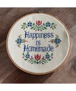 Vintage Completed Cross Stitch Hoop “Happiness is Homemade” 8.25” - $269.64 MXN