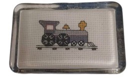 Vintage Cross Stitch Pattern Locomotive Train Glass Brick Paperweight - $14.80