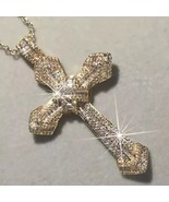 Pendentif Croix En Moissanite Réel Taillé Rond 3Ct Plaqué Or Jaune 14K - $4,211.57 MXN