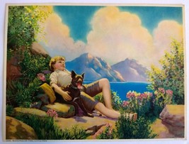 Boy Resting Black Dog Art Print Blessings On The Little Man Keedy Mountain Cliff - £24.29 GBP