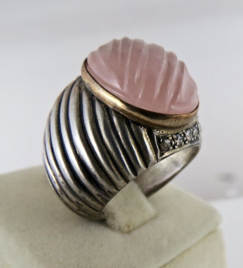 Primary image for Natural Rose Quartz Carved Diamond 18K Gold 925 Silver Antique Victorian Ring
