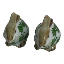 Vintage Rabbit Salt &amp; Pepper Shakers Two Bunnies  Painted Green Floral M... - £15.38 GBP