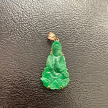 14K Solid Gold Carved Guanyin Kwan Yin Buddha Green Jade Pendant - - £374.19 GBP