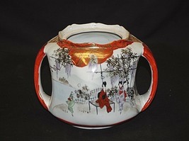 Old Vintage Asian Orange &amp; Gold Two Handled Jar or Planter w Geisha Wome... - $26.72