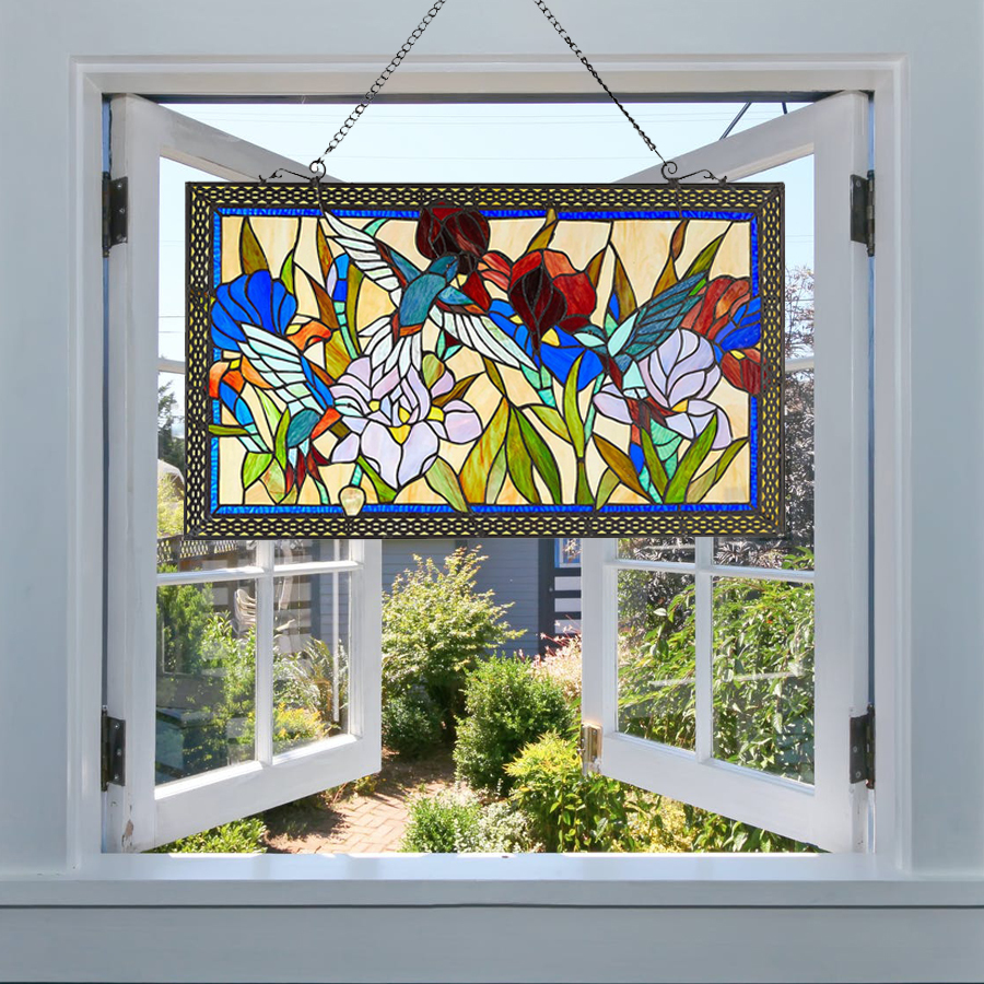 Primary image for Fine Art Lighting Handmade Hummingbird and Flowers Stained Glass Window Panel