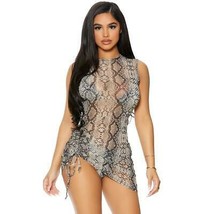 Swim Coverup Snake Print Mini Dress Drawstring Side Asymmetrical Mesh 441419 - £19.57 GBP