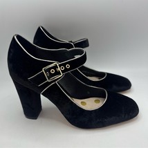 BODEN Anthropologie Mary Jane Heels Black Velvet Gold Trim Square Toe Si... - $838.10 MXN