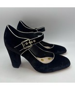BODEN Anthropologie Mary Jane Heels Black Velvet Gold Trim Square Toe Si... - $836.67 MXN