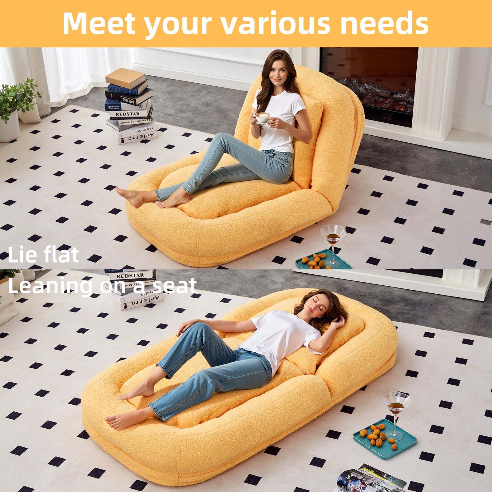 Yellow Teddy Folding Sofa Chair - 5-Position Adjustable Gaming Item image 5