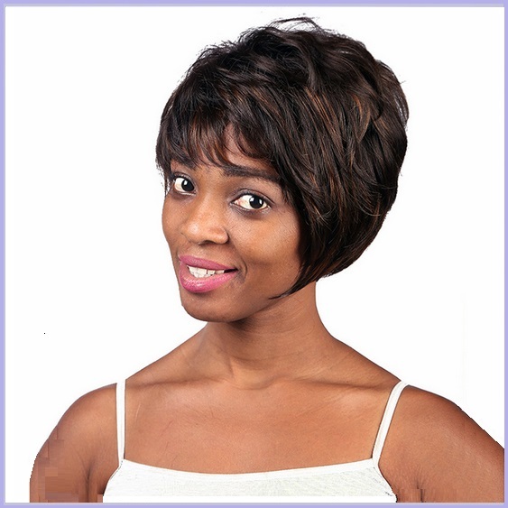  Black Brown Short Straight Hair with Long Bangs Pixie Style Cut Full Lace Wig - $67.95
