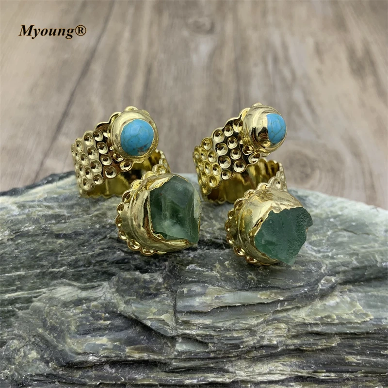 Wholesale Gold Natural Raw Fluorite Crystal Double Stone Spiral Adjustable Rings - £58.63 GBP