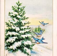 1920s Greeting Card Postcard Merry Christmas Tree Blue Birds Ephemera E83B - $19.99