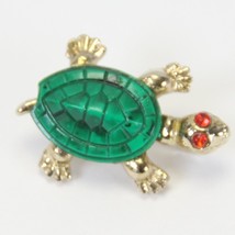 Green Enamel Turtle Brooch Gold Tone W/ Red Rhinestone Eyes 1.1&quot; L x .7 W - £7.86 GBP
