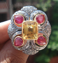 Victorian 2.10ct Rose Cut Diamond Golden Topaz Ruby Ring Vintage Jewelry - £776.81 GBP