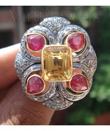 Victorian 2.10ct Rose Cut Diamond Golden Topaz Ruby Ring Vintage Jewelry - $971.80