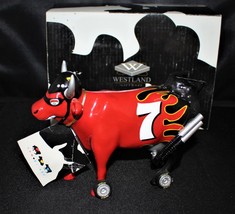 Cow Parade NASCOW Stockyard Red &amp; Black Flame Nascar #7 Figurine in Box ... - £23.55 GBP