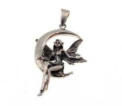 Handcrafted Solid 925 Sterling Silver Fairy Sitting on Crescent Moon Pendant - £27.50 GBP