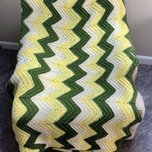 Vintage Crochet Afghan Blanket Throw Zig Zag Chevron Yellow Green White 72x56” - £27.40 GBP