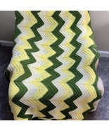 Vintage Crochet Afghan Blanket Throw Zig Zag Chevron Yellow Green White 72x56” - £26.76 GBP