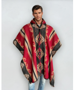 Thick Wool Poncho with Hood in Red Black Soft and Comfortable Wool Nativ... - $98.50
