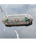 14K WHITE GOLD DIAMOND AND TRILLION  EMERALD FILIGREE ART DECO BROOCH 2.... - $6,659.81 MXN