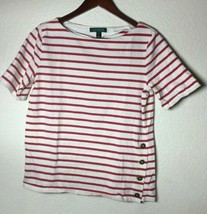 RAPLH LAUREN WOMENS L COTTON RED/WHITE STRIP BLOUSE WITH BUTTONS, FREE S... - £12.89 GBP