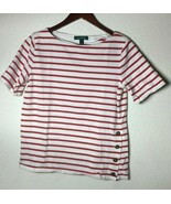 RAPLH LAUREN WOMENS L COTTON RED/WHITE STRIP BLOUSE WITH BUTTONS, FREE S... - £13.25 GBP