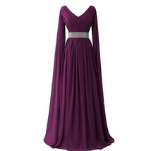 V Neck Long Sleeves Chiffon Formal Prom Vintage Evening Dresses Plus Size Dark P - £109.82 GBP