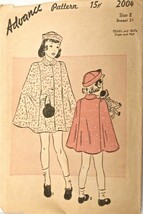 Vintage 1940s Sewing Pattern Advance #2004 Girl&#39;s Cape, Hat Size 2 Chest 21 - $16.93